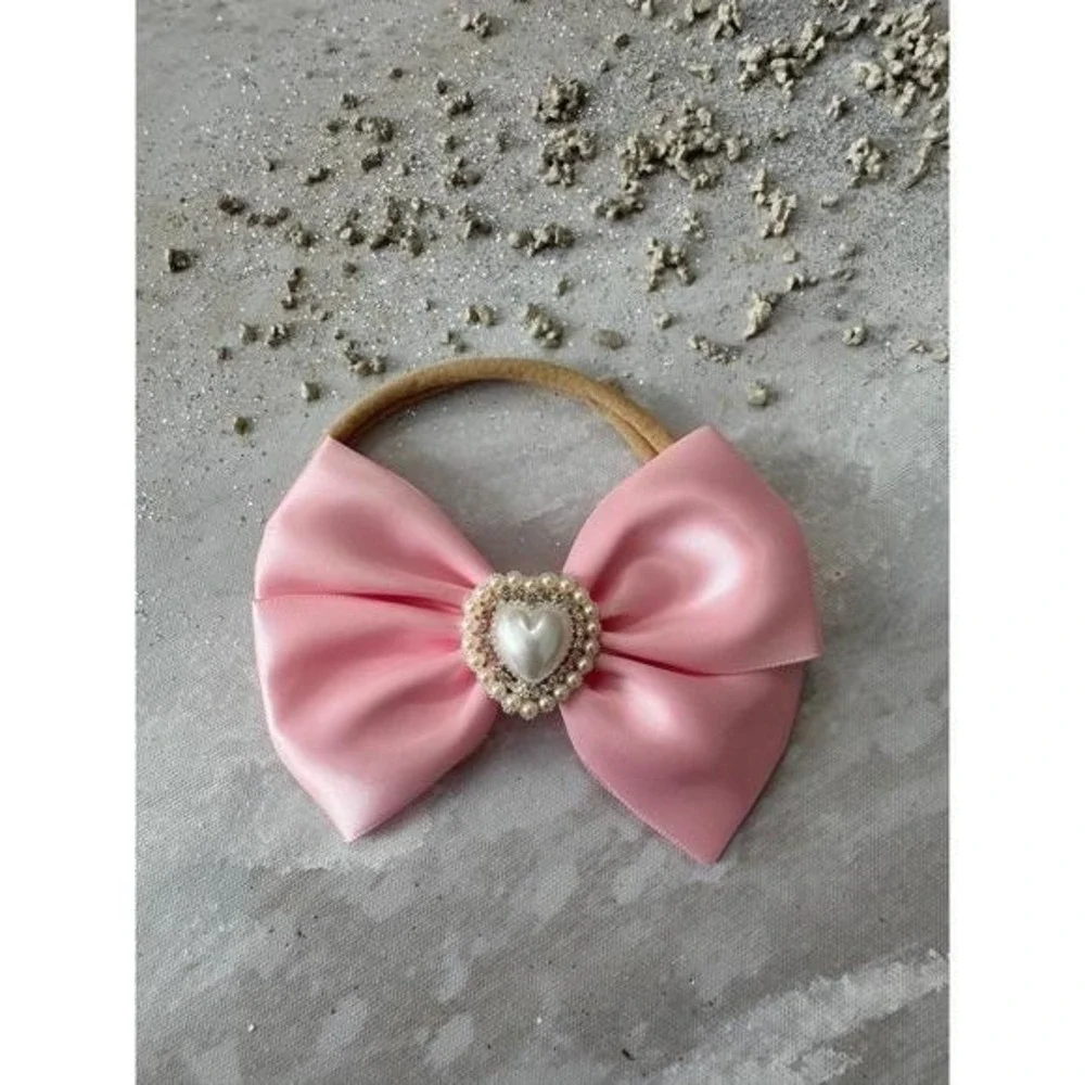 Baby Girl Pink Satin Bow Headband Pearl Heart Embellishment Toddler Accessory
